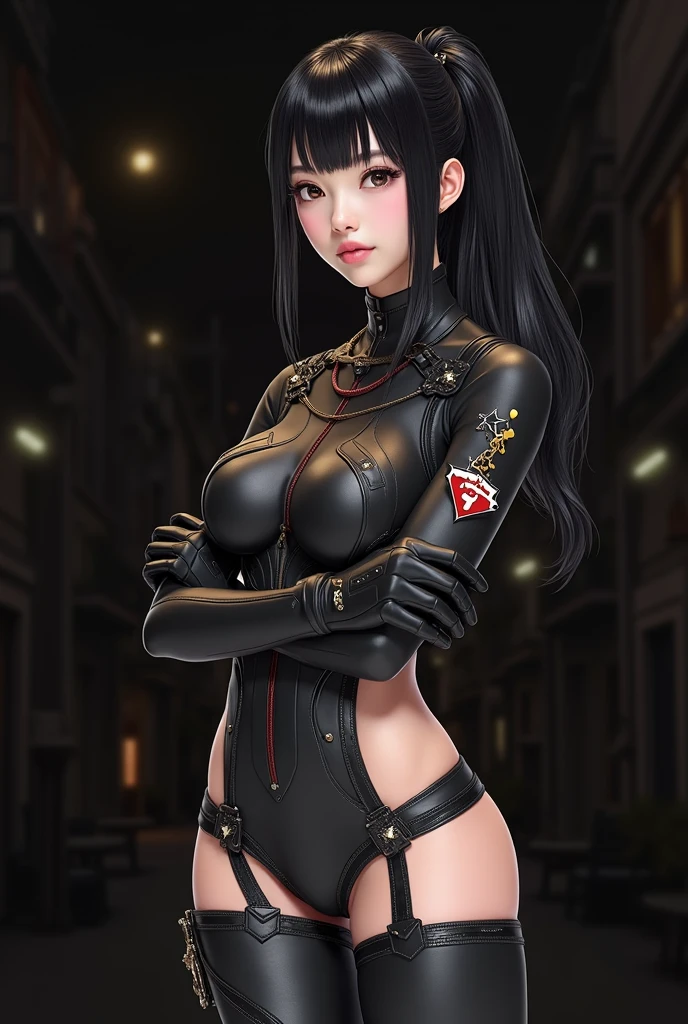 Eve, stellar blade, 8k,highres, 1girl, front lighting, simple background, gray background, looking at the viewer, bodysuit, black hair and dark black hair, fringe, hair tied in ponytail style, video game, heels, gloves, boobs, honey colored eyes, white skin, korean, She has straight bangs that frame her face, Her deep, captivating black eyes contrast with her soft