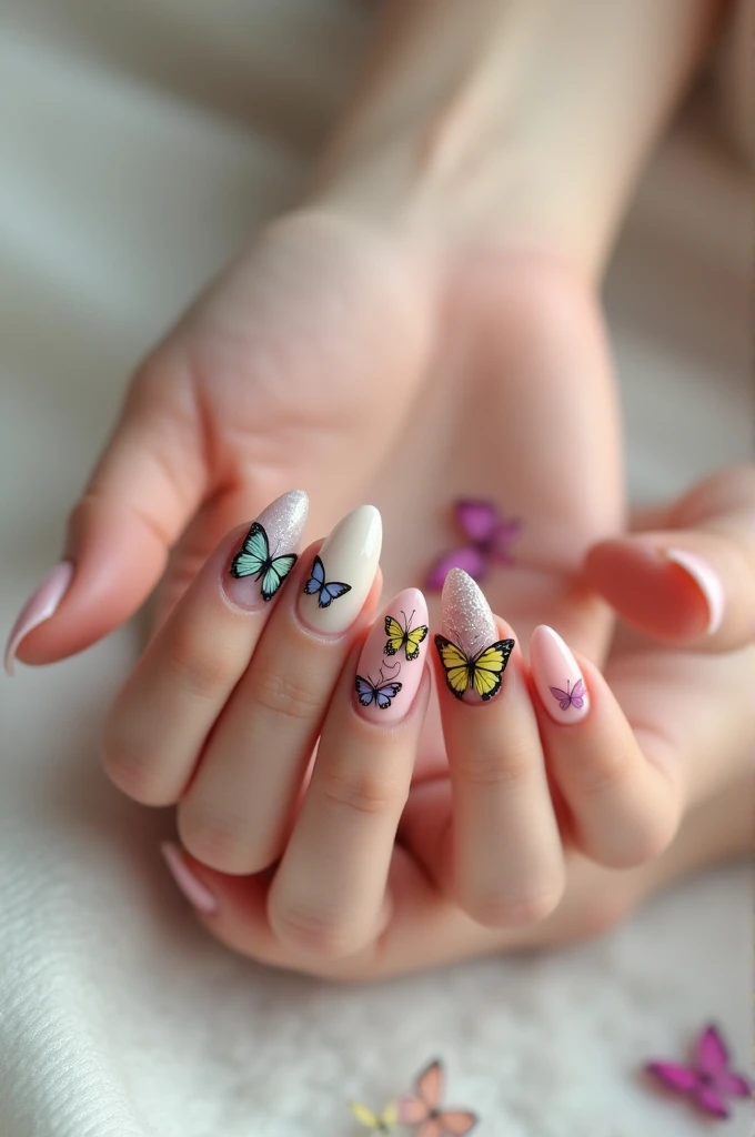 Fingernails with butterflies glued on