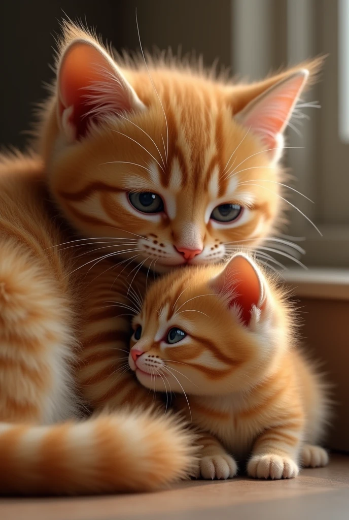 A baby cat with her mother ginger colour