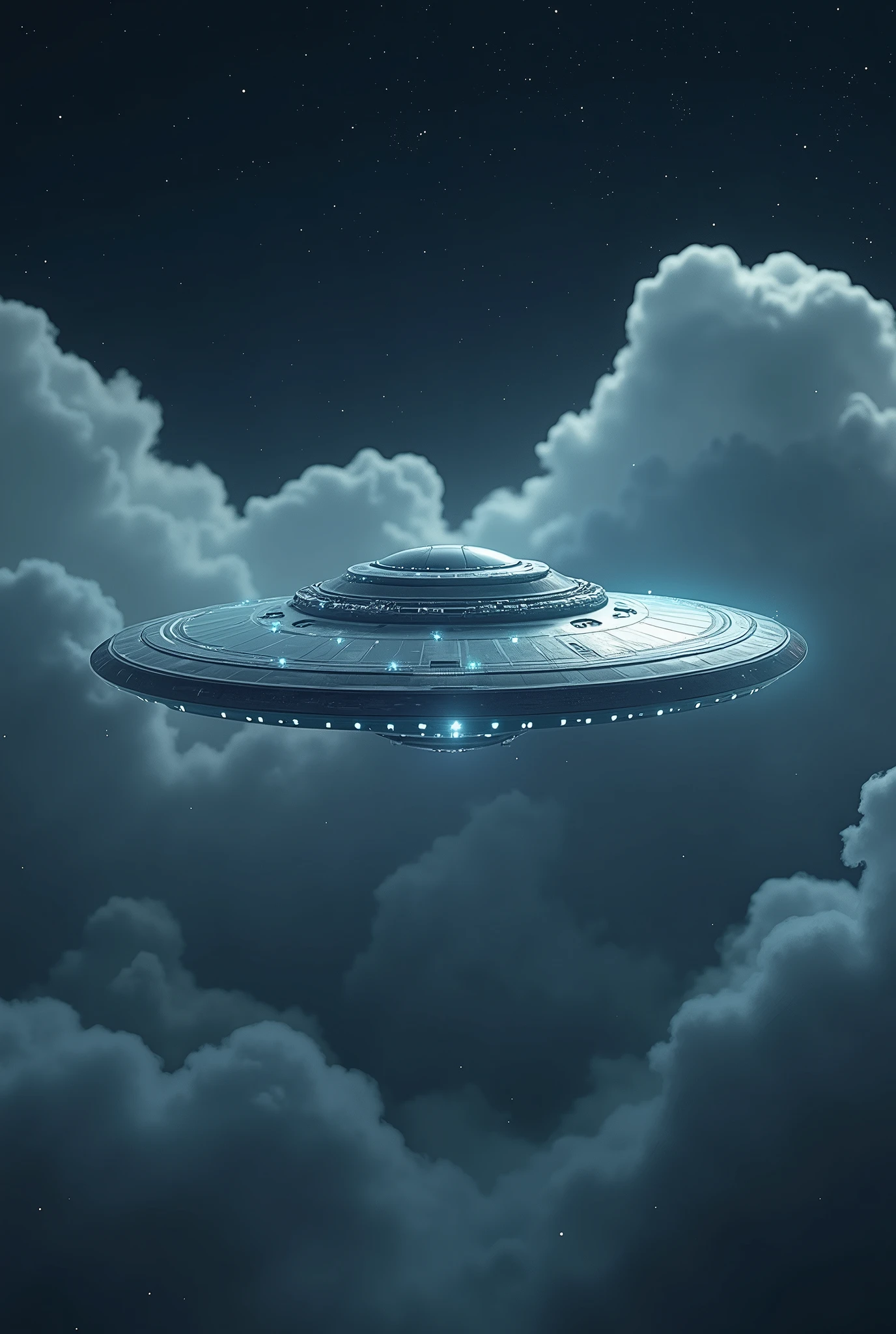 (photorealism:1.2),A UFO is flying in the clouds, night,