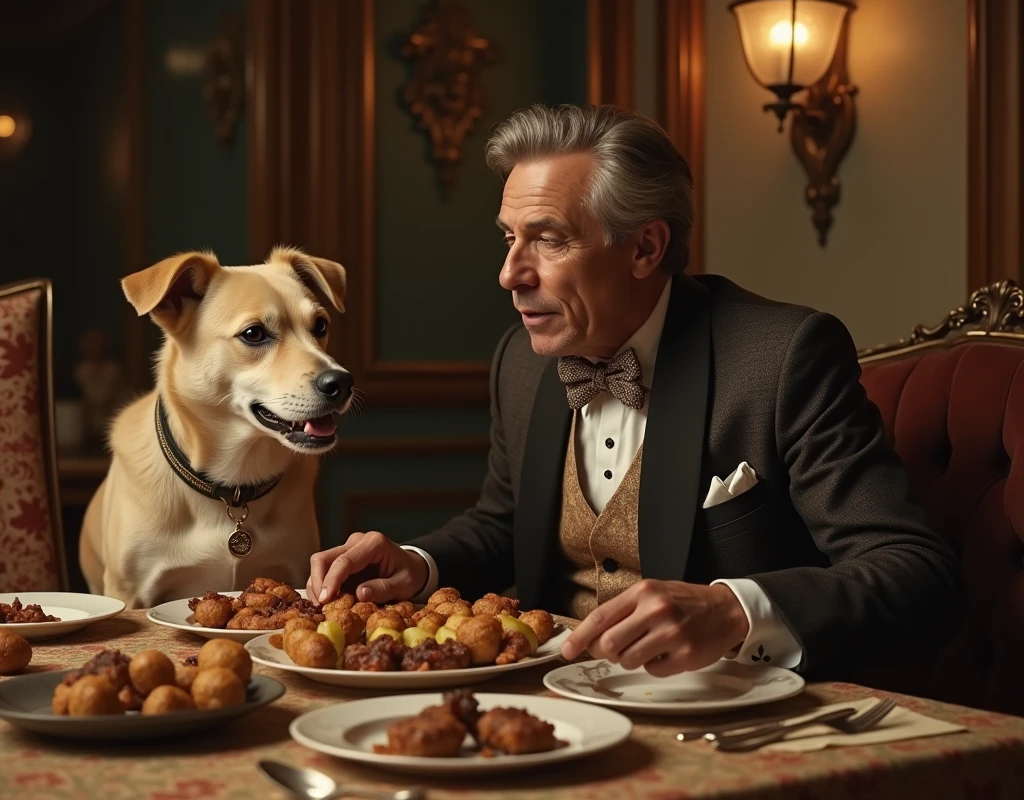 A man has a dog living in luxury, eating kebabs and kofta. Create an image that represents this scene, with colors that look old, as if from the early days of color television.