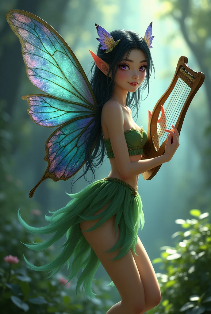 A slender fairy with blue and purple butterfly wings, black hair and pink eyes. She wears green clothes and holds a lyre harp..