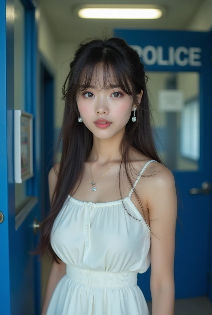 1 female, Black Hair, Blue Eyes, Delicate face, cute, Love Earrings, White Dress, Standing at the entrance to the police station, Playful, Ultra HD, masterpiece, highest quality, Super detailed, Accurate
