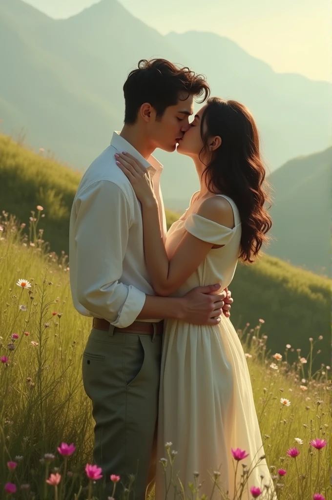 Noah Schnapp actor kissing a white brunette girl with a hill in the background