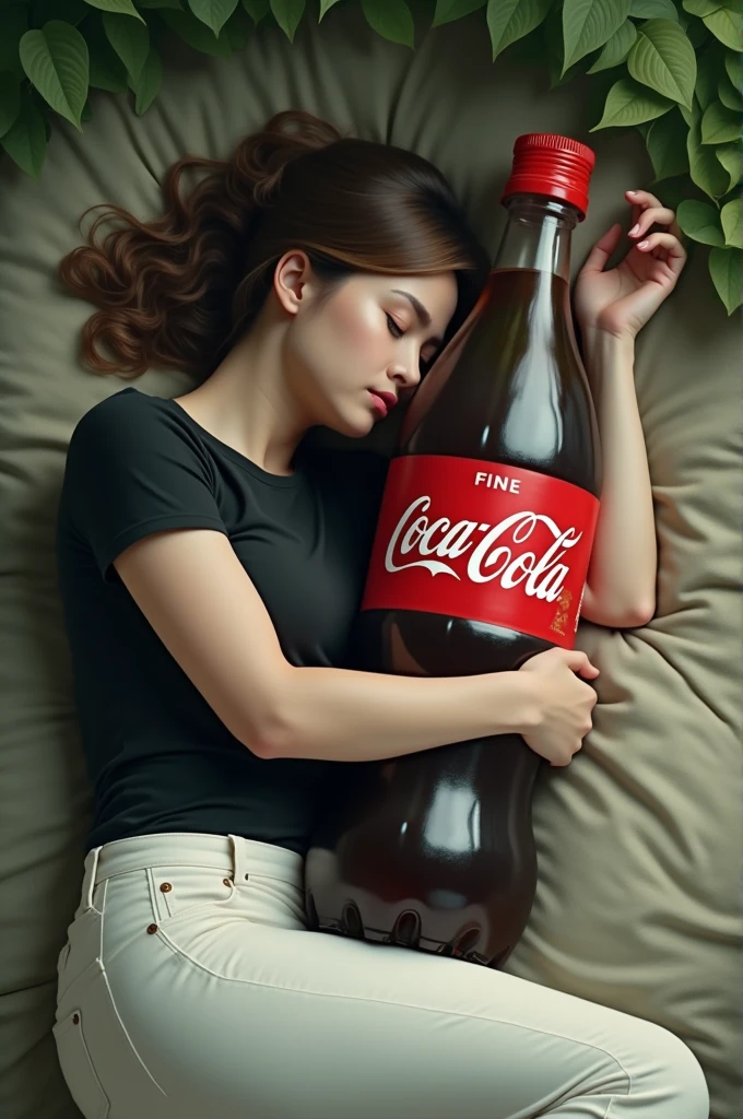 A lady, wearing black tshirt and white trouser, is sleeping hugging large cocacola bottle instead of lap-pollow