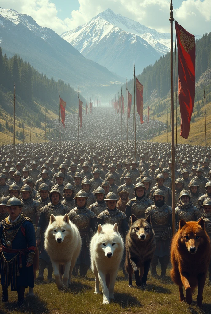 Army of large wolves of various colors, and men soldiers men the immaculate ancient soldiers. Together united, hundreds of thousands 
