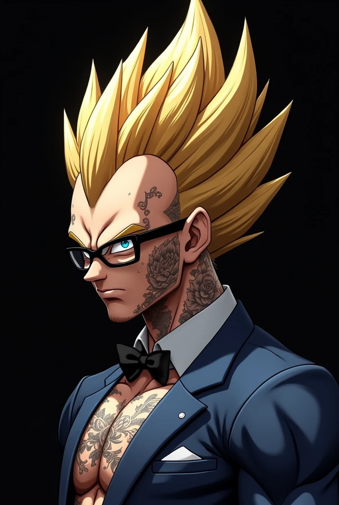 an image of vegeta in nft form showing from the shoulders up with serious and hurt faces with a black background of the image , full of tattoos and formal clothes and black glasses