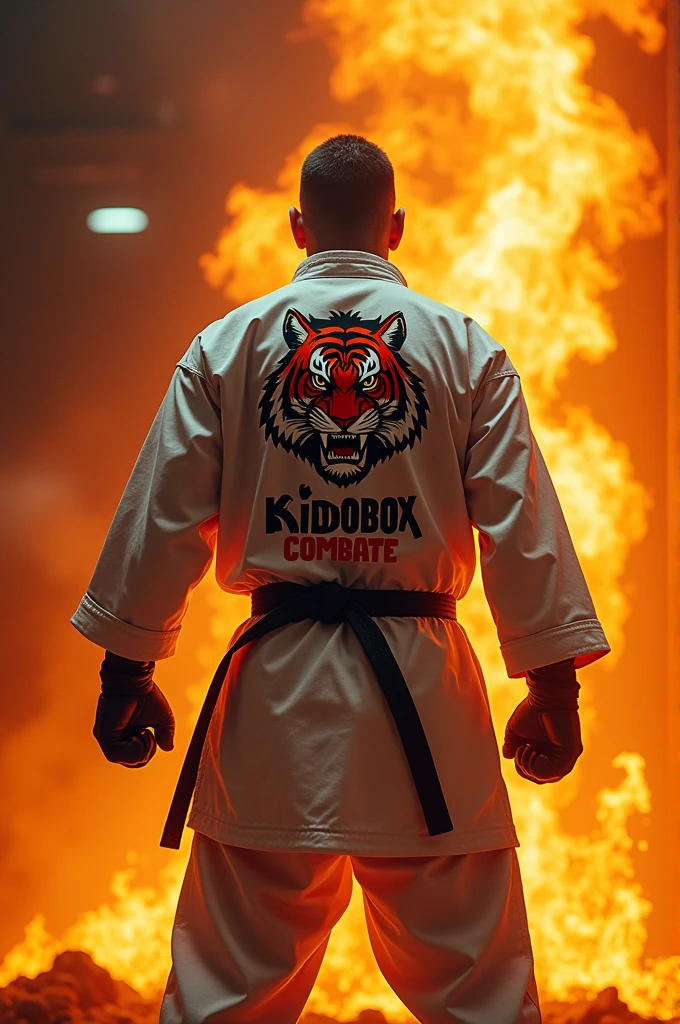 man in karate clothing with his back showing the design of a ferocious tiger on his clothes, raises his right hand bandaged with a black bandana, an orange glow with fire surrounds him and the tiger on his back comes out amidst the flames, soon after the boy gains kickboxing clothes and the name “kidobox Combate” appears in an impactful way on fire.