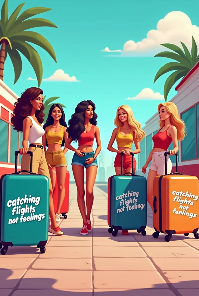 cartoon 6 suitcases only saying catching flights not feelings girls trip 2024