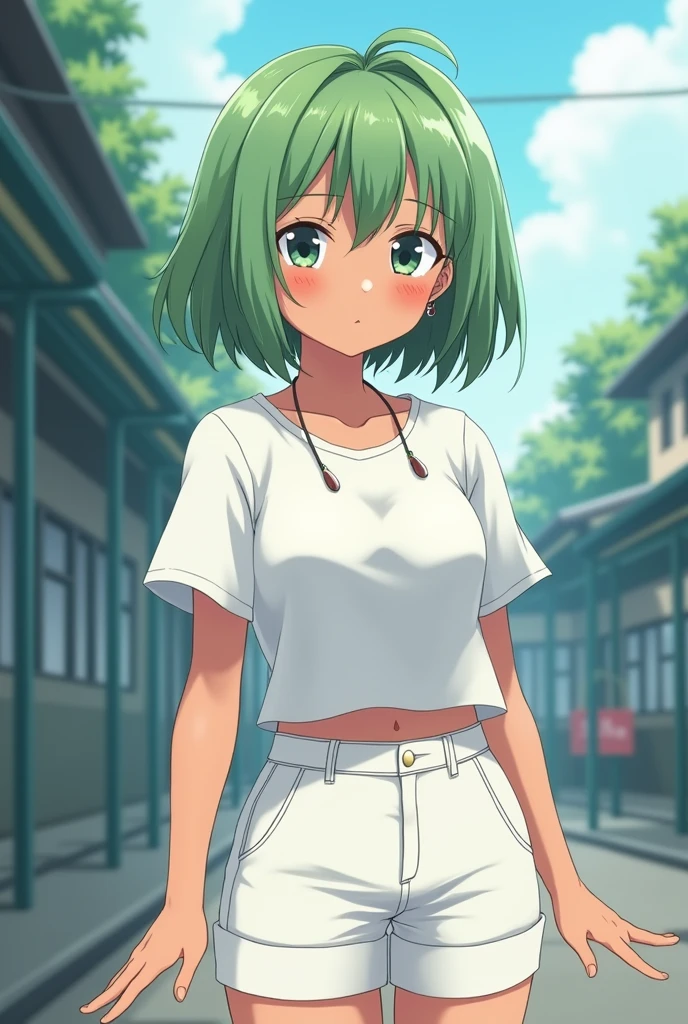 Tall anime attractive slim girl with short green fluffy hair on the face with darker complexion with chubby cheeks with white shirt and white pants with white knee-high sock with earrings in ears standing in the school with medium boobs embarrassed