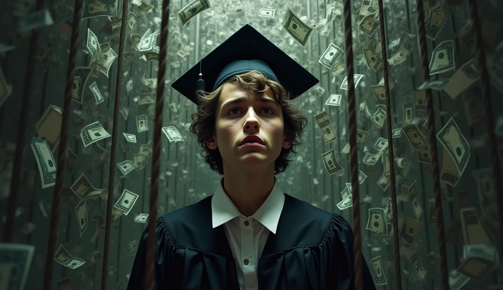 "Graduate trapped in debt"
A person in a graduation gown trapped inside a cage made of dollar bills, symbolizing the crushing student debt many face after college.Make it realistic not animated