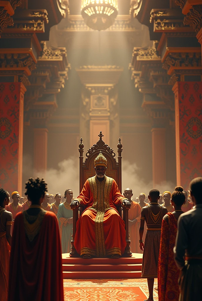 A king and his subjects in an African village in a big hall
