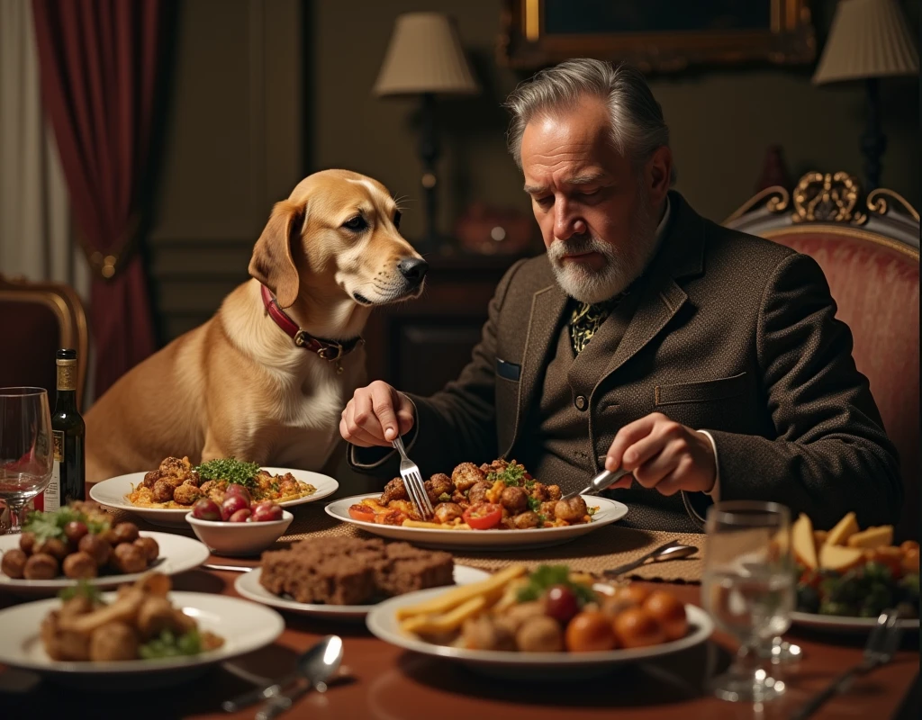 A man has a dog living in luxury, eating kebabs and kofta. Create an image that represents this scene, with colors that look old, as if from the early days of color television.