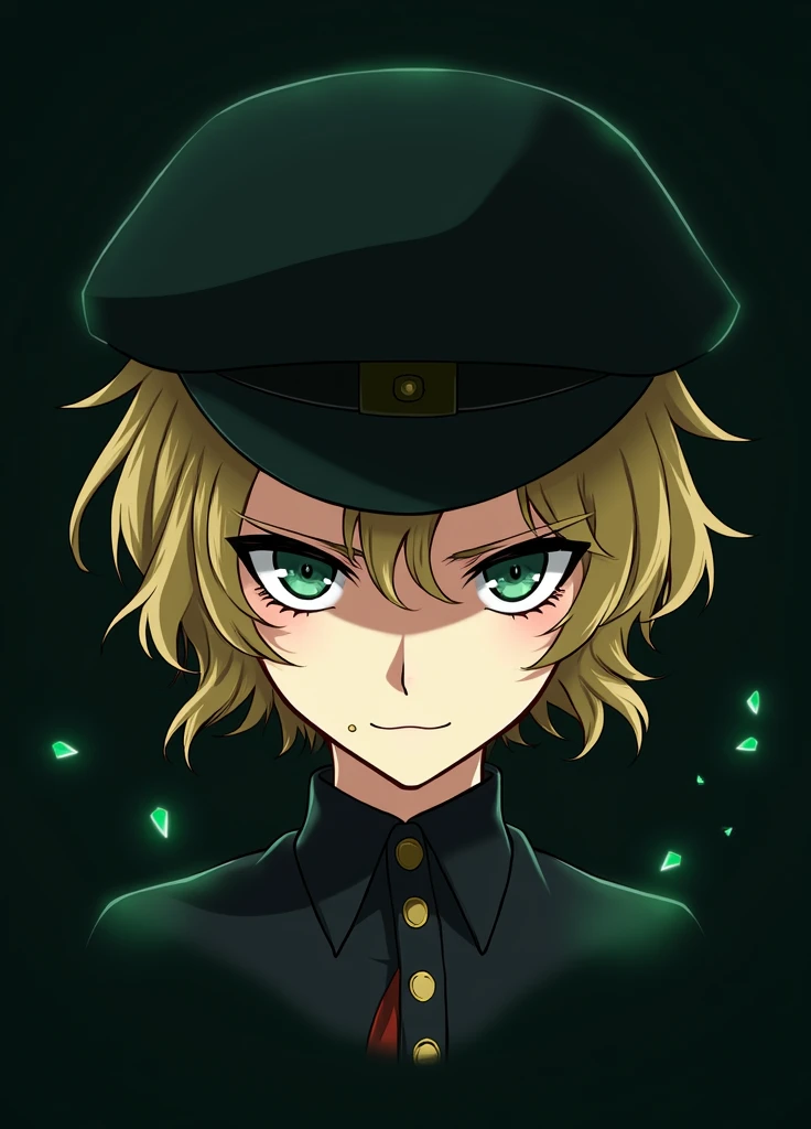 Beautiful woman with wavy short hair and bangs with masculine facial traits, a few moles on her face, bungou stray dogs anime style.