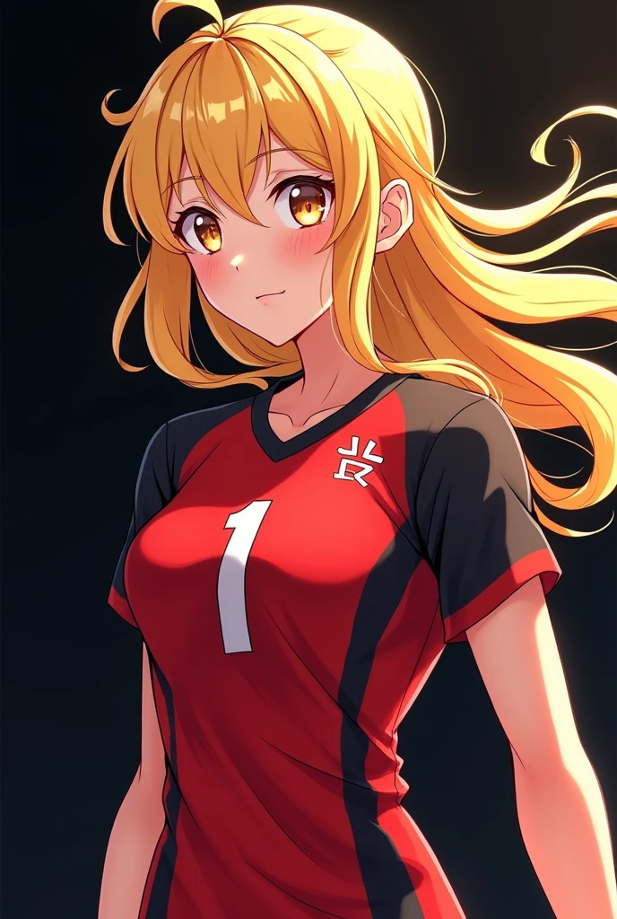 Blonde woman with honey colored eyes, long hair, 19yearsold, wearing volleyball uniform, shirt number 1, red and black shirt, pfp, black backdrop, アニメ.