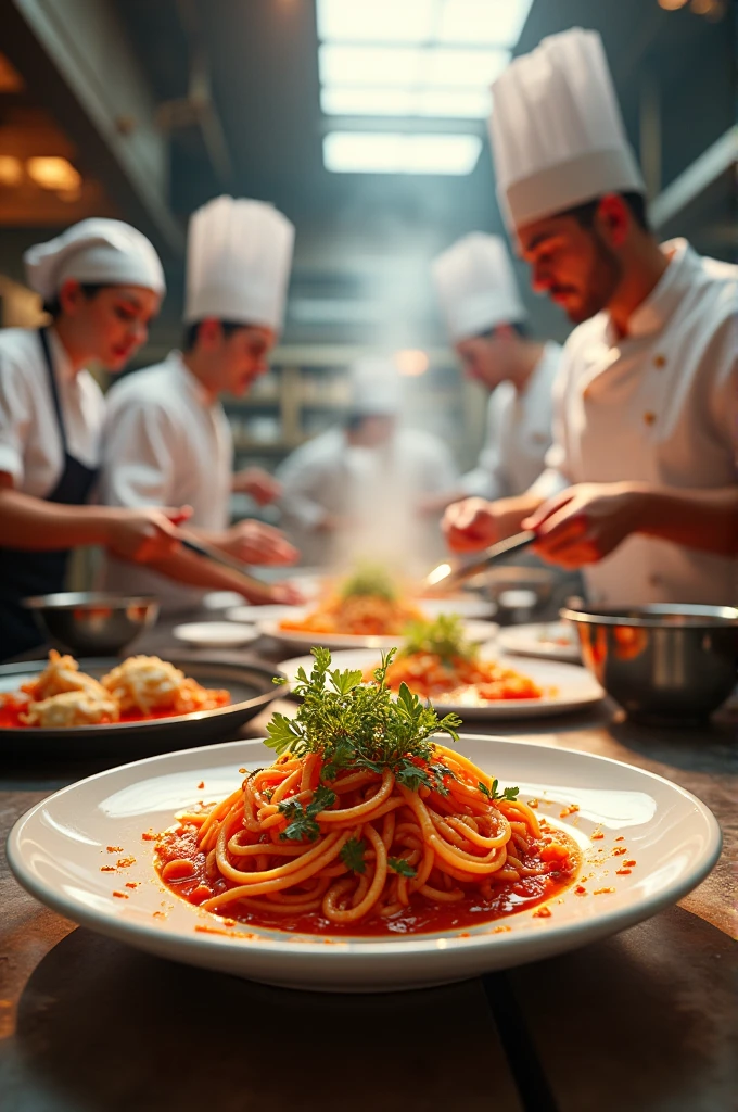 Opening shot of a bustling kitchen or a delicious dish