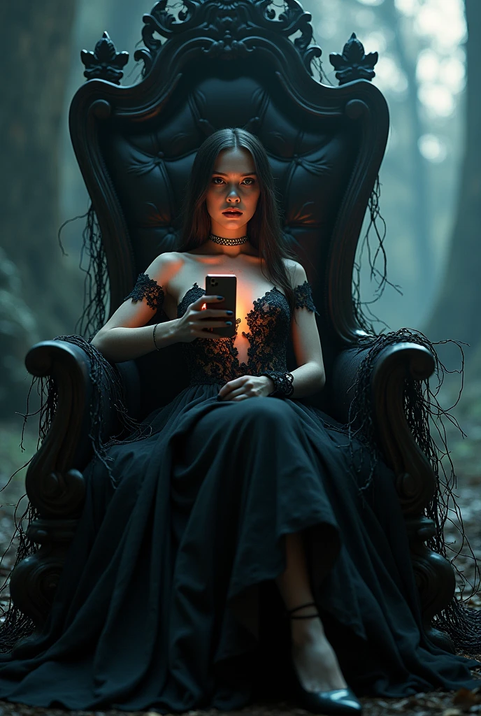 Create the wide-shot (((full-body:1.5))) image of a handsome female vampire, noble and elegant lady, Beautiful alluring colorless eyes, A vampire with a refined and elegant appearance, Loose long hair and angular features, her skin should be pale and flawless, With a touch of potus transcendental beauty, her eyes should be deep and seductive, (They have to wear detailed and intricate steampunk and detailed gothic valkyrie, Fluttering lace flared long knee length dress with frilly petticoats, long dress, knee length dress, pleated petticoats, lolita dress, petticoats gothic lolita, ((high heels)), side-lighting), sitting, leaning on an empty vacant throne, grand in scale and intricacy, blurring the lines between throne and shrine,,  and covered in black vines and roots, the background should be shrouded in shadow, Just a hint of moonlight broke through the darkness, ((((In the hands holds a iphone that spreads its glow on his beautiful body)))), What is presented to others, gothic art style, Ultra-realistic realism, Psychedelic surrealist art, Surreal psychedelic design, Dreaming style, psychedelic art, Quality Quantity, skin texture, intricate details, (cinematic graphic lighting), RAW, 8K,