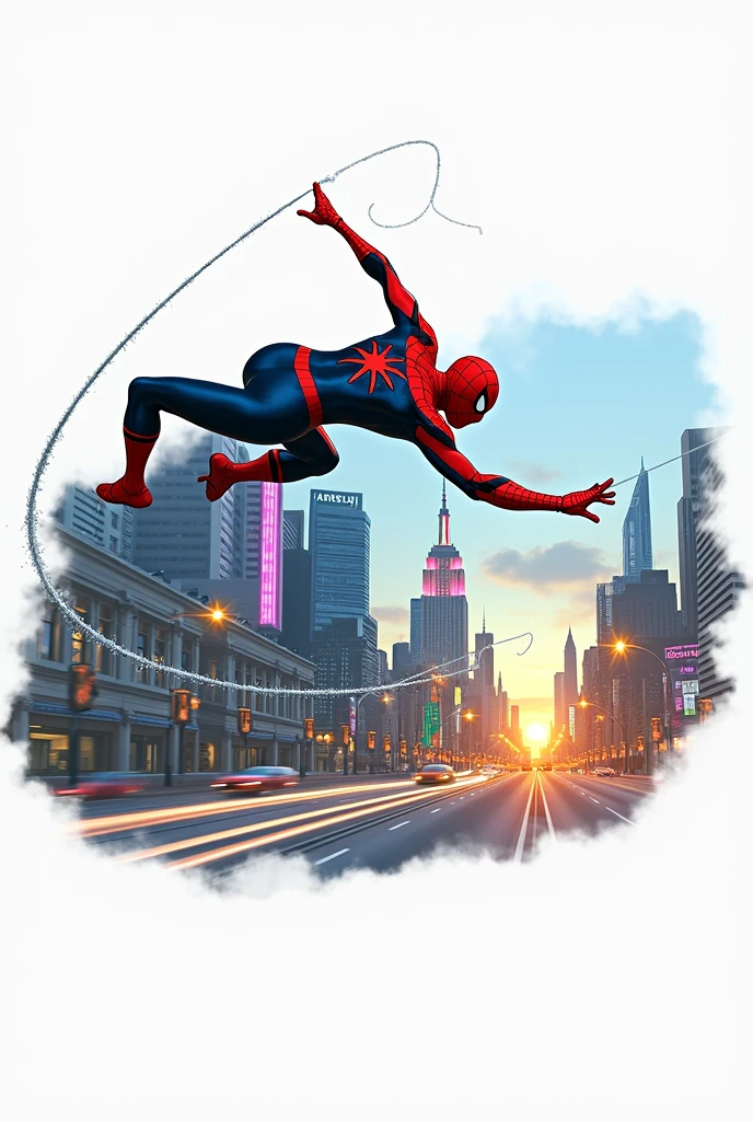 Swinging through a futuristic city at sunset。The sky is dyed a deep orange and pink、The city buildings were lit up with blue and purple neon lights.、A fantastic contrast of light spreads。Her suit is、Classic red and blue base、Stylish black accents are added。She cast the web with one hand、While holding on to the web line with the other hand、It is posed in mid-air in a dynamic pose.、Its agility and strength are outstanding。On the street below、Car lights and people々The activity of、It has a vibrant city feel。In the distance、Iconic buildings like the futuristic Empire State Building are seen in silhouette.、It gives depth to the background。The overall atmosphere is thrilling and moving.、It depicts the strength and dynamism of a hero.。」