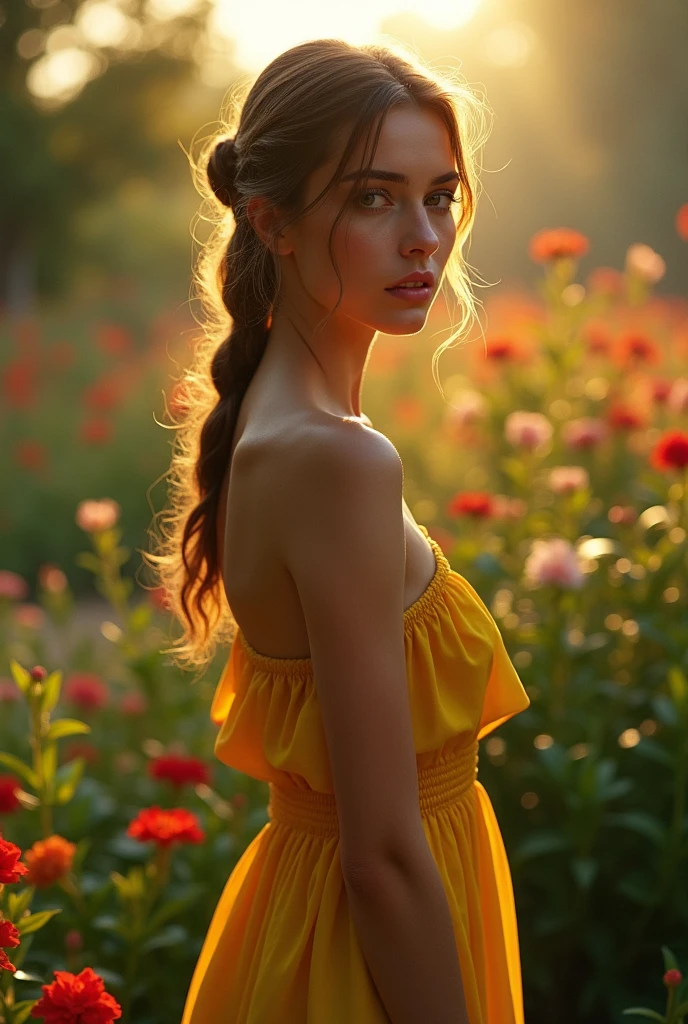 gorgeous woman. Sunny weather. The woman is looking away. She seems sad and lonely. mediterranean features with sunkissed skin. Yellow dress. Standing in a garden