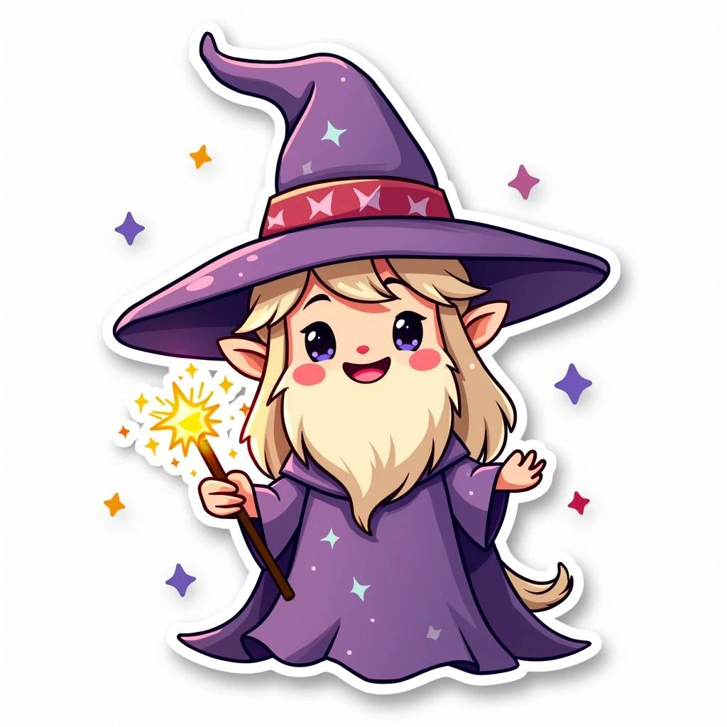 A sticker of a kawaii wizard with a big pointy hat, a long cape and a magic wand that emits sparks. The white border highlights its playful and magical expression.