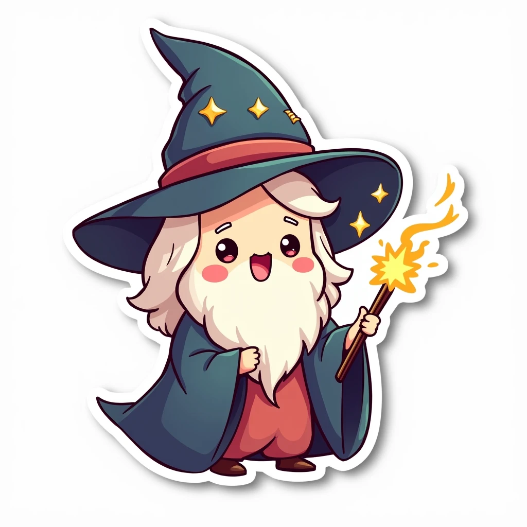 A sticker of a kawaii wizard with a big pointy hat, a long cape and a magic wand that emits sparks. The white border highlights its playful and magical expression.