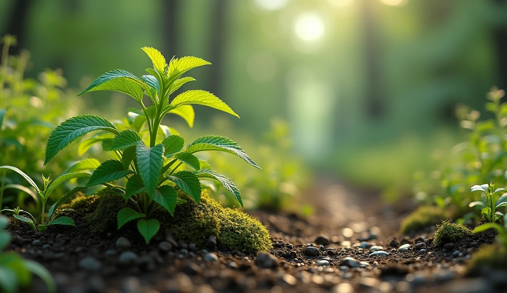 Create an image of the wormwood plant sprouting from the yellowish-green soil, make the leaves look outstanding in 3d with an extraordinary background In horizontal size, as for a wallpaper, that you can see it coming from the right side of the image 