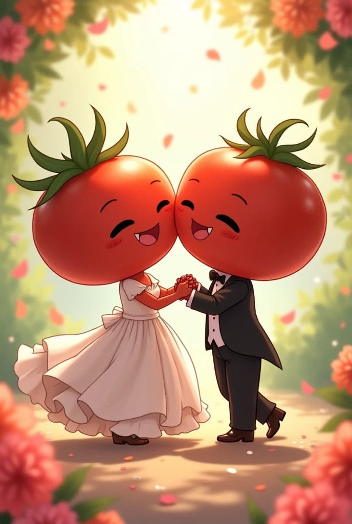 Generates two tomatoes, a girl and a boy, in an anime way, getting married and dancing and pampering her