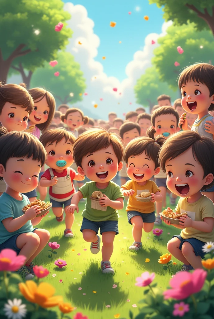 50 children with pacifiers in their mouths,And playing and eating