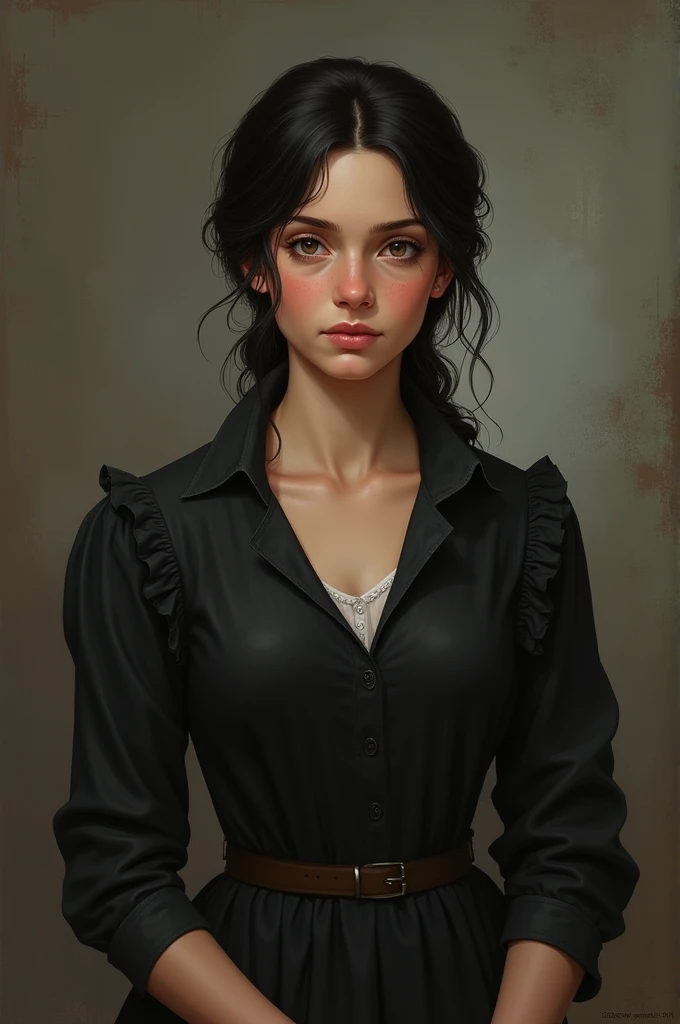 Meg, the eldest daughter in the fishing family, has a natural beauty marked by her deep black hair, which she often wears in a simple, practical style. Her eyes, also black, hold a warm, gentle gaze that reflects her caring nature. Meg’s complexion is slightly tanned from working outdoors, adding a healthy glow to her features. She has a slender yet strong build, shaped by years of hard work, and carries herself with a quiet confidence and grace that complements her overall appearance.She is in Victorian era wearing old black dress and she is