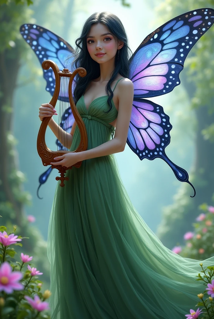 A slender fairy with blue and purple butterfly wings, black hair and pink eyes. She wears long green clothes and holds a lyre harp.. She has a playful expression.