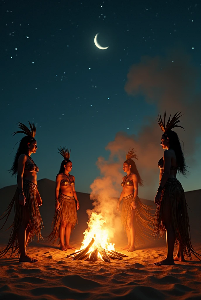 Night time in the desert with Viodoo women dancing around a fire and smoke background  