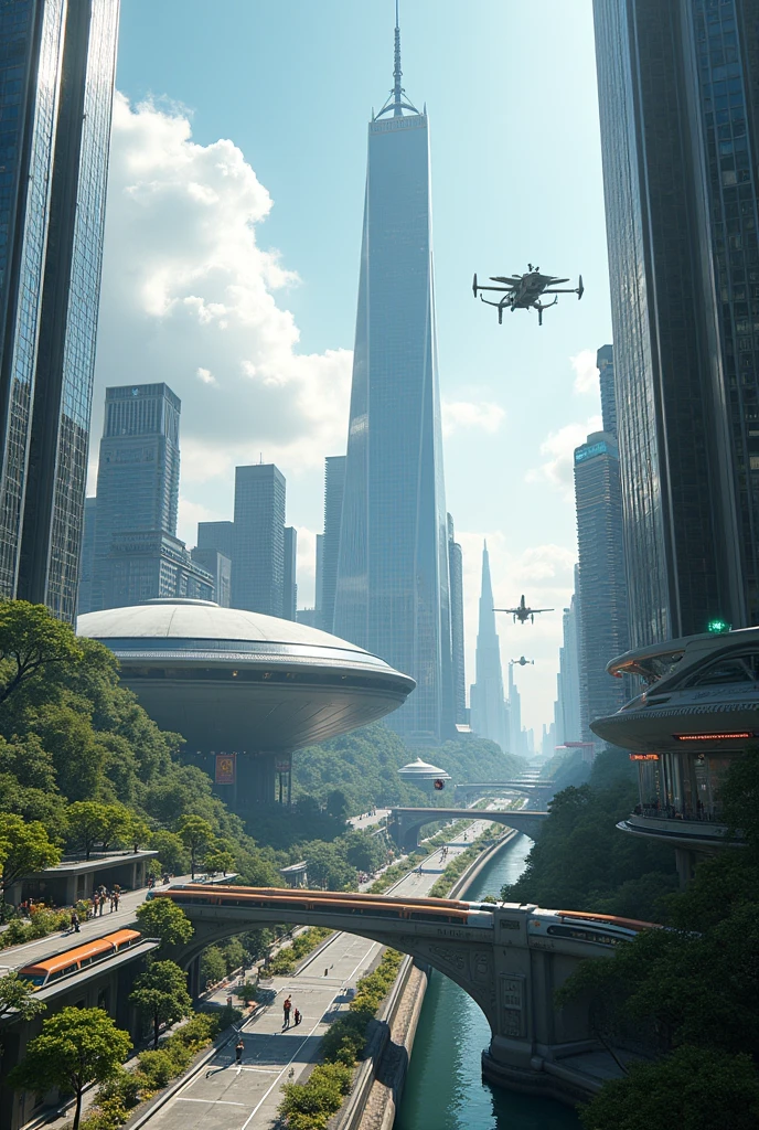 Make a picture of New York City 100 years from now regarding technological developments and global warming