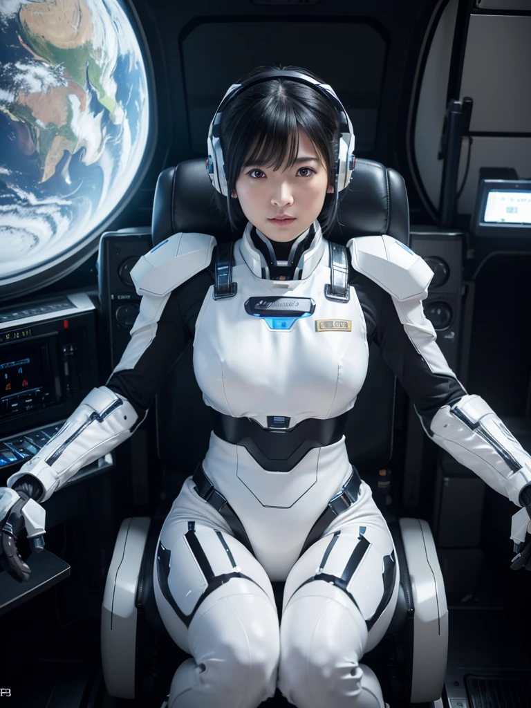 (Ultra-high resolution,Realistic,Highest quality,Photorealistic),(8k,RAW Photos,Highest quality,masterpiece),(Photon Mapping,Radio City,Physically Based Rendering,Auto White Balance),Japanese female android,Black Hair,Space Shuttle Cockpit,Large seat,Secured to the seat with a thick harness,Wearing a headset,Plump,Slightly thicker,Spread your legs,Squat,White robot suit,Robotic arms and legs,There is a control panel and monitor on the chest.,Surrounded by machines,