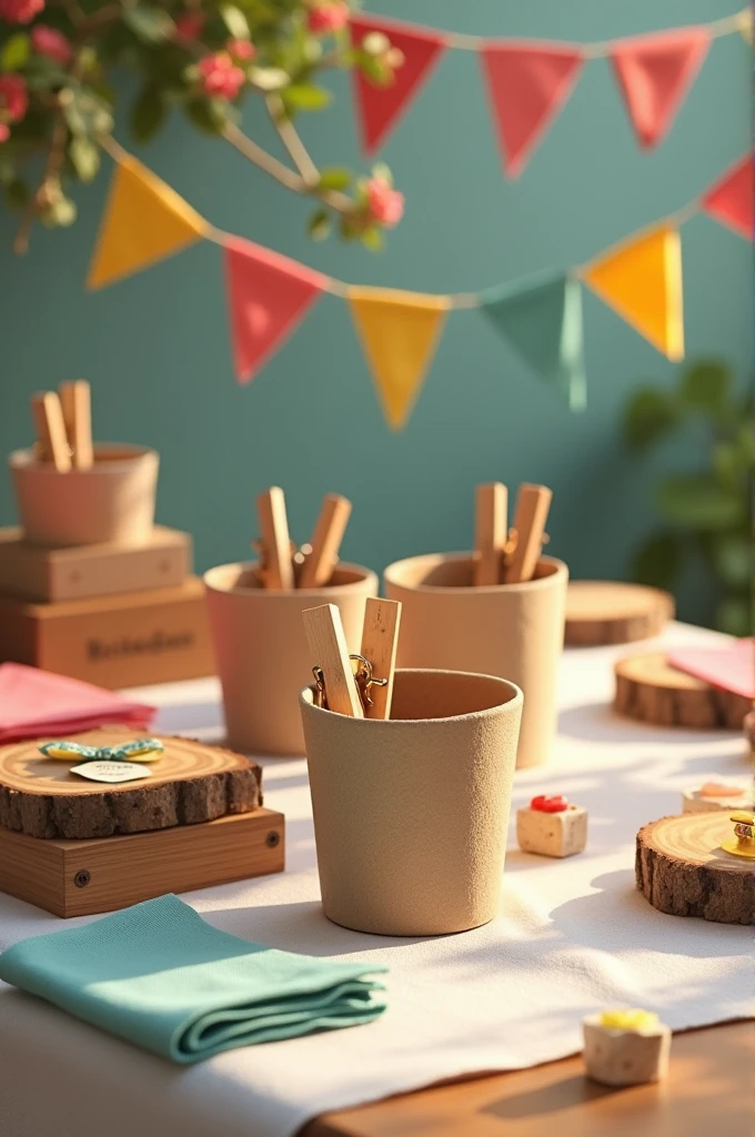 Table with white tablecloth, with fair pennants hanging from the table, Cardboard cups with mini wooden clothespins and coloured labels on top of wooden boxes, colorful napkins and wooden logs with gifts