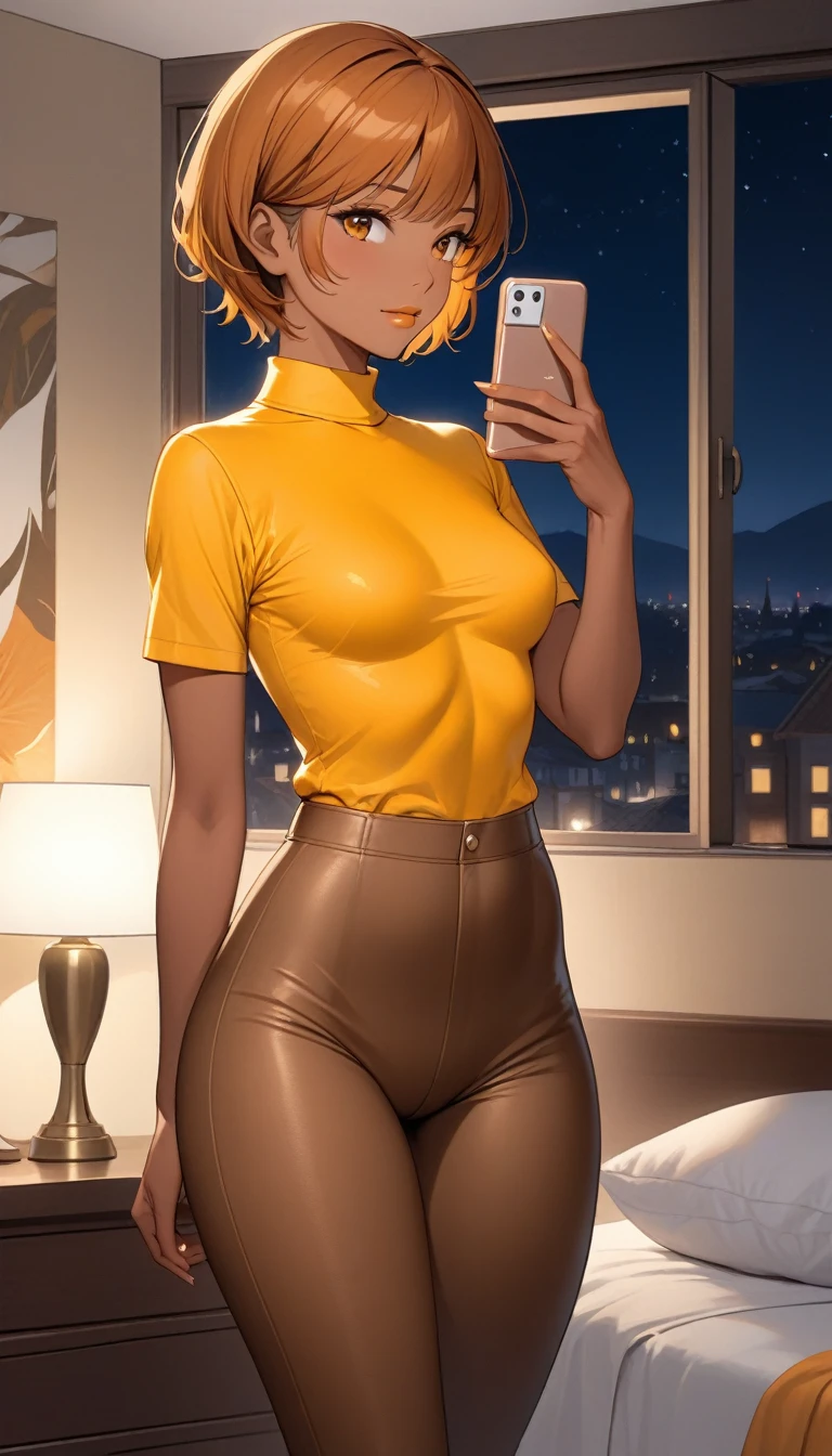 Beautiful 47y old woman with short undercut coily dark brown orange hair with brown eyes wearing ((Tight Brown Low-Rise Cirre Pants), ((Sexy Mock Neck Short Sleeves Yellow Orange Shirt)), standing in her bedroom at night, holding her cellphone, (dark-tanned skin), (light brown lipstick), (elegant mascara), (slim body), (small breasts), (wide hips), midjourney, <lora:GoodHands-, <lora:GoodLegs-, UHD, high resolution, (expressive eyes, perfect face, full body, expressive face, perfect body, perfect pussy, athletic, fit, slim body, blushing, Perfect makeup, eyeliner, beautiful eyelashes, smiling, horny face), ((best illumination, best shadows)), ((sexy pose)), score_9_up, score_8_up, score_7_up
