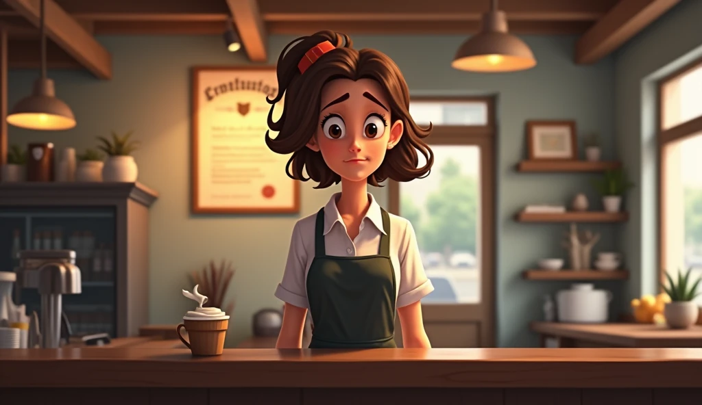 "Job mismatch"
A college graduate working at a coffee shop, wearing an apron and serving customers, while their diploma hangs on the wall behind them, unused. .Make it realistic not animated