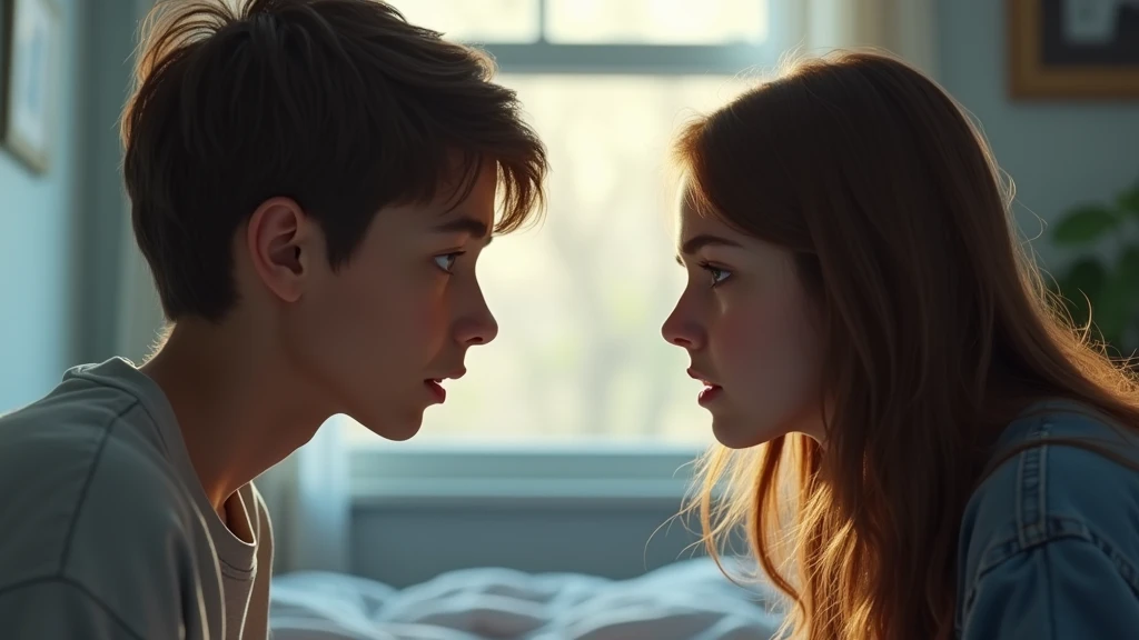 Ultra-realistic portrait of two teenagers, a boy and a girl, both with expressions of frustration and tension. The boy has short brown hair and the girl has long brown hair. They are dressed casually. The portrait should be from the waist up.

The teenagers are facing each other in a room, with elements such as a bed and a window in the background, but blurred so as not to distract from the main subjects.

The lighting should be soft and natural, with afternoon light coming from a window, creating subtle shadows that accentuate the teenagers' expressions of frustration. The light should highlight the eyes and the texture of the skin, emphasizing the seriousness of the situation.

The image should convey a sense of tension and frustration, with a touch of vulnerability. Suggest a neutral color palette, such as greys and blues, that complements the atmosphere of the room.

Image Quality: The photo should be of high quality, with 8k rendering and extreme detail, capturing the emotional essence of the moment.