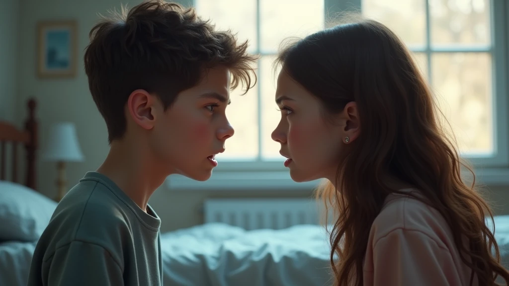 Ultra-realistic portrait of two teenagers, a boy and a girl, both with expressions of frustration and tension. The boy has short brown hair and the girl has long brown hair. They are dressed casually. The portrait should be from the waist up.
The teenagers are facing each other in a room, with elements such as a bed and a window in the background, but blurred so as not to distract from the main subjects.
The lighting should be soft and natural, with afternoon light coming from a window, creating subtle shadows that accentuate the teenagers' expressions of frustration. The light should highlight the eyes and the texture of the skin, emphasizing the seriousness of the situation.
The image should convey a sense of tension and frustration, with a touch of vulnerability. Suggest a neutral color palette, such as greys and blues, that complements the atmosphere of the room.
Image Quality: The photo should be of high quality, with 8k rendering and extreme detail, capturing the emotional essence of the moment.