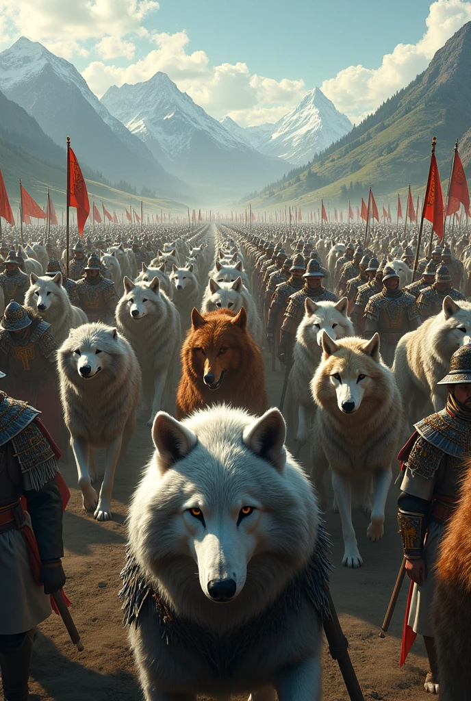 Army of large wolves of various colors, and men soldiers men the immaculate ancient soldiers. Together united, hundreds of thousands 
