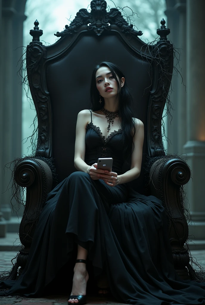 Create the wide-shot (((full-body:1.5))) image of a handsome female vampire, noble and elegant lady, Beautiful alluring colorless eyes, A vampire with a refined and elegant appearance, Loose long hair and angular features, her skin should be pale and flawless, With a touch of potus transcendental beauty, her eyes should be deep and seductive, (They have to wear detailed and intricate steampunk and detailed gothic valkyrie, Fluttering lace flared long knee length dress with frilly petticoats, long dress, knee length dress, pleated petticoats, lolita dress, petticoats gothic lolita, ((high heels)), side-lighting), sitting, leaning on an empty vacant throne, grand in scale and intricacy, blurring the lines between throne and shrine,,  and covered in black vines and roots, the background should be shrouded in shadow, Just a hint of moonlight broke through the darkness, ((((In the hands holds a iphone that spreads its glow on his beautiful body)))), What is presented to others, gothic art style, Ultra-realistic realism, Psychedelic surrealist art, Surreal psychedelic design, Dreaming style, psychedelic art, Quality Quantity, skin texture, intricate details, (cinematic graphic lighting), RAW, 8K,
