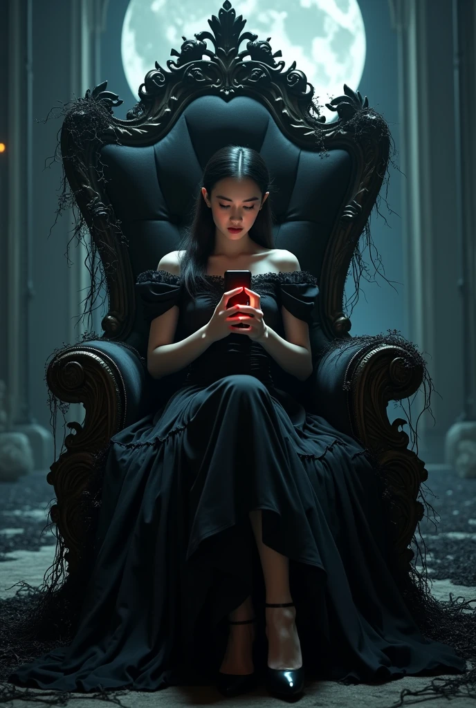 Create the wide-shot (((full-body:1.5))) image of a handsome female vampire, noble and elegant lady, Beautiful alluring colorless eyes, A vampire with a refined and elegant appearance, Loose long hair and angular features, her skin should be pale and flawless, With a touch of potus transcendental beauty, her eyes should be deep and seductive, (They have to wear detailed and intricate steampunk and detailed gothic valkyrie, Fluttering lace flared long knee length dress with frilly petticoats, long dress, knee length dress, pleated petticoats, lolita dress, petticoats gothic lolita, ((high heels)), side-lighting), sitting, leaning on an empty vacant throne, grand in scale and intricacy, blurring the lines between throne and shrine,,  and covered in black vines and roots, the background should be shrouded in shadow, Just a hint of moonlight broke through the darkness, ((((In the hands holds a iphone that spreads its glow on his beautiful body)))), What is presented to others, gothic art style, Ultra-realistic realism, Psychedelic surrealist art, Surreal psychedelic design, Dreaming style, psychedelic art, Quality Quantity, skin texture, intricate details, (cinematic graphic lighting), RAW, 8K,