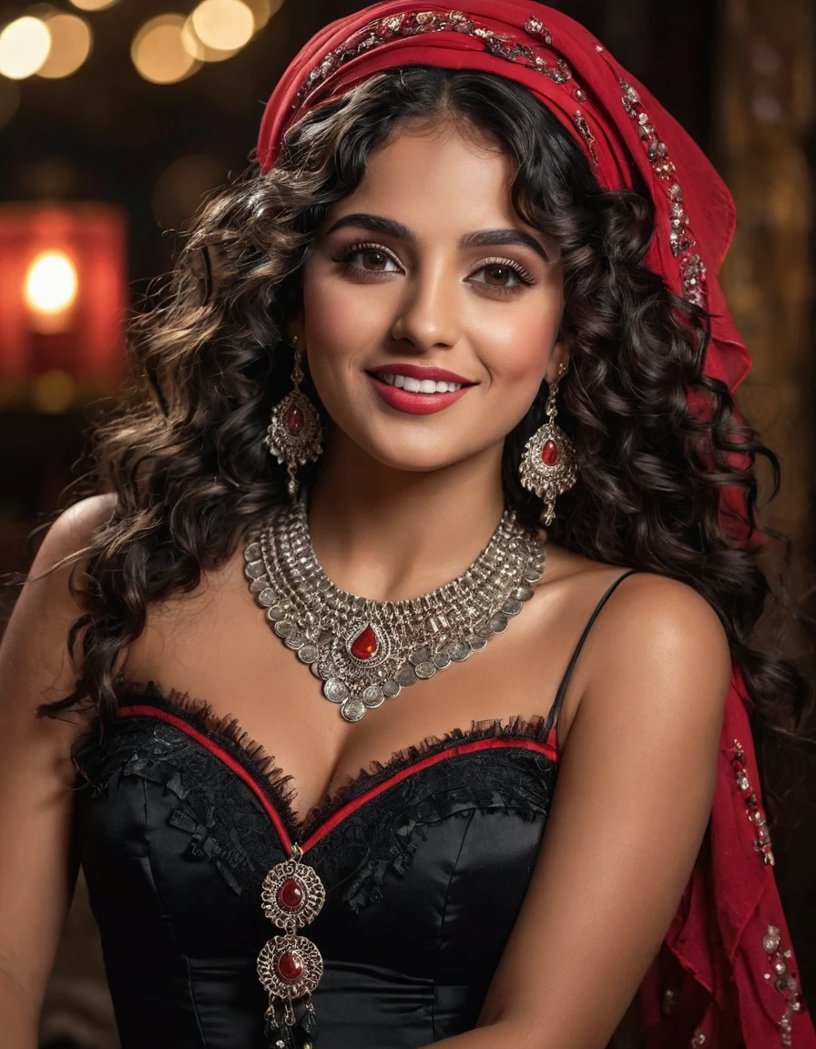 A beautiful gypsy, flowing curly black hair, detailed dark face, brown eyes, detailed lashes and eyebrows, makeup, mascara and blush, happy expression, silver earrings detailed with red stones, choker and red scarf on her head, equally detailed with coins, wearing a beautiful black dress, ruffles and red lace on her lap and arms, at night, a house background made of aged material, a lamp on the wall illuminating her thick hair, a breathtaking image, in the highest quality, 8k. UHD.