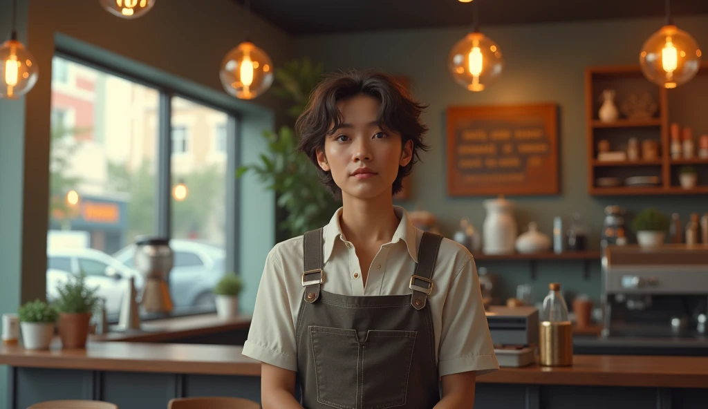 "Job mismatch"
A college graduate working at a coffee shop, wearing an apron and serving customers, while their diploma hangs on the wall behind them, unused.Make it realistic not animated