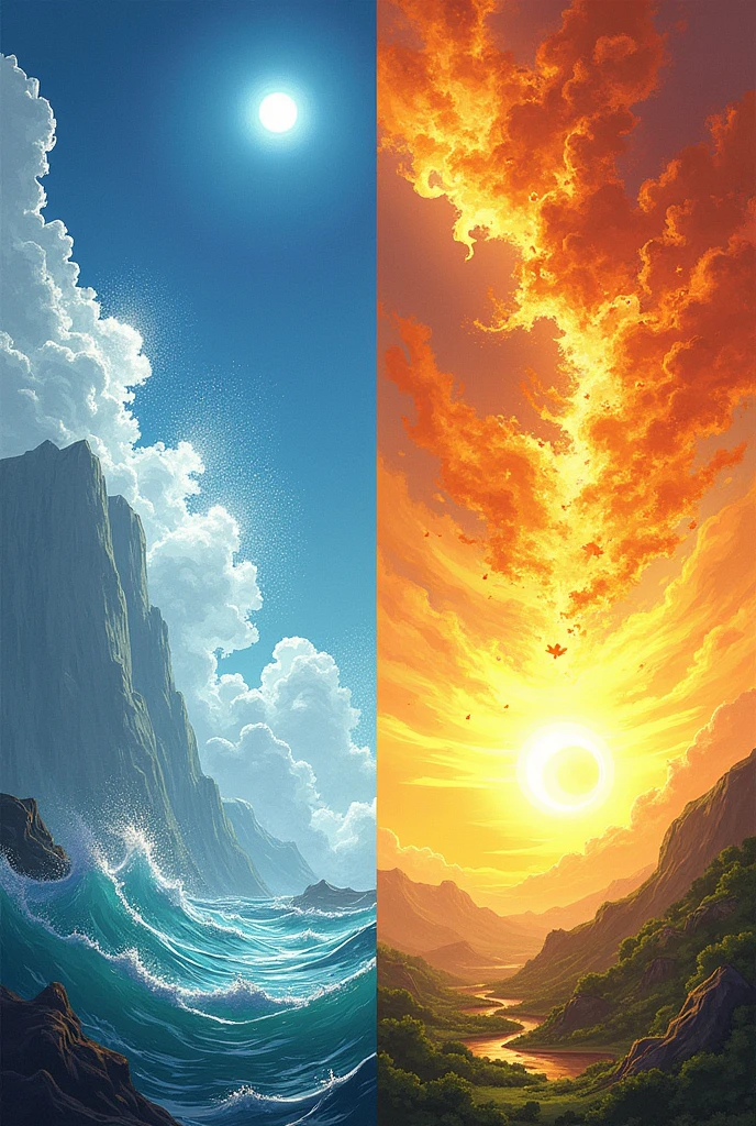 generates the image of the Power Cards:
Description: Cards representing natural elements and their respective powers:
-It is: Water - Represented by a torrent of flowing water, with blue and silver tones.
-Küruf: Wind - Illustrated with gusts of wind blowing leaves and dust, with greyish and white colours.
- Antu: Sun - Shown with a bright sun in a clear sky, with golden and orange tones.
- A map: Earth - Represented with a landscape of mountains and trees, using green and brown tones