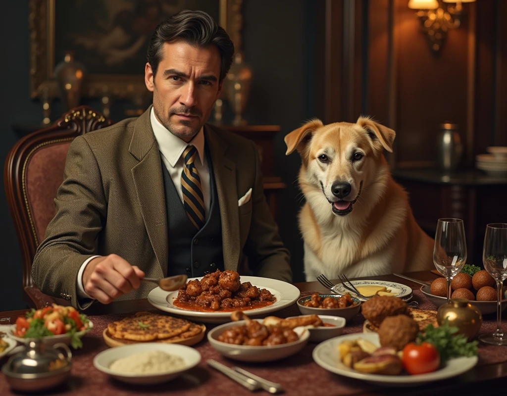 A man has a dog living in luxury, eating kebabs and kofta. Create an image that represents this scene, with colors that look old, as if from the early days of color television.