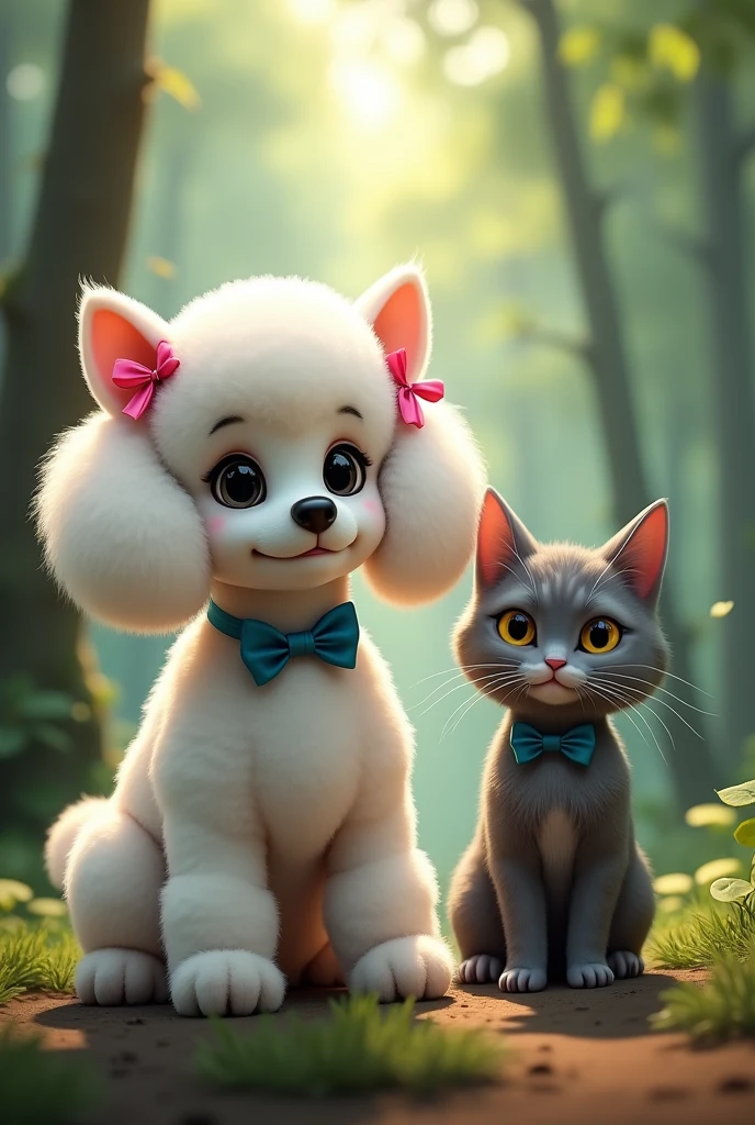 Create a realistic  profile cover image of a black-eyed, white-haired poodle dog with pink bows on her ears and a gray, yellow-eyed cat with a blue bow tie around its neck, with a forest in the background..