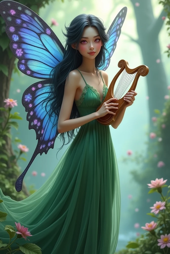 A slender fairy with blue and purple butterfly wings, black hair and pink eyes. She wears long green clothes and holds a lyre harp.. She has a playful expression.