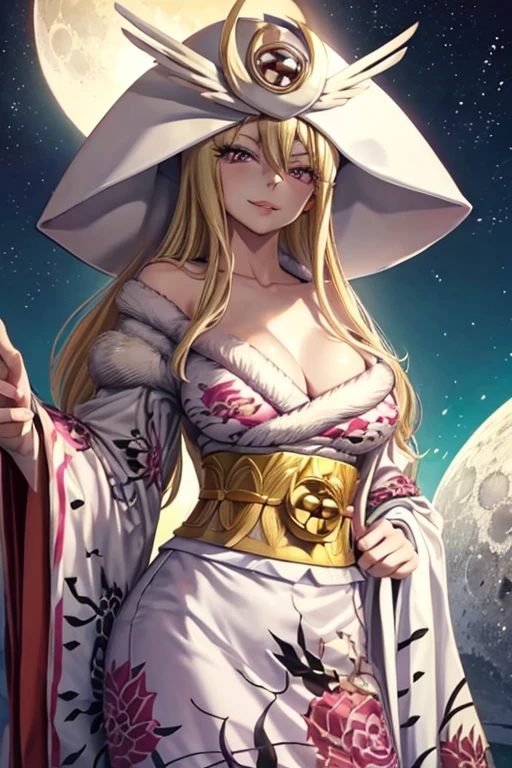 ftselenekim, pink eyes, mature female, blonde hair, hat, clothes, ftselenecas, pink eyes, blonde hair, maturefemale,cleavage, kimono, japanese clothes, moon, white clothes , big chest, smile, perfect waist, large breasts, kimono