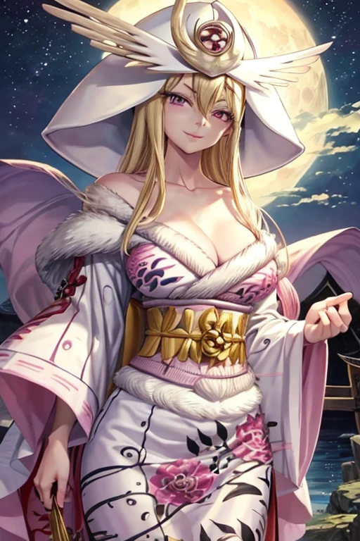 ftselenekim, pink eyes, mature female, blonde hair, hat, clothes, ftselenecas, pink eyes, blonde hair, maturefemale,cleavage, kimono, japanese clothes, moon, white clothes , big chest, smile, perfect waist, large breasts, kimono