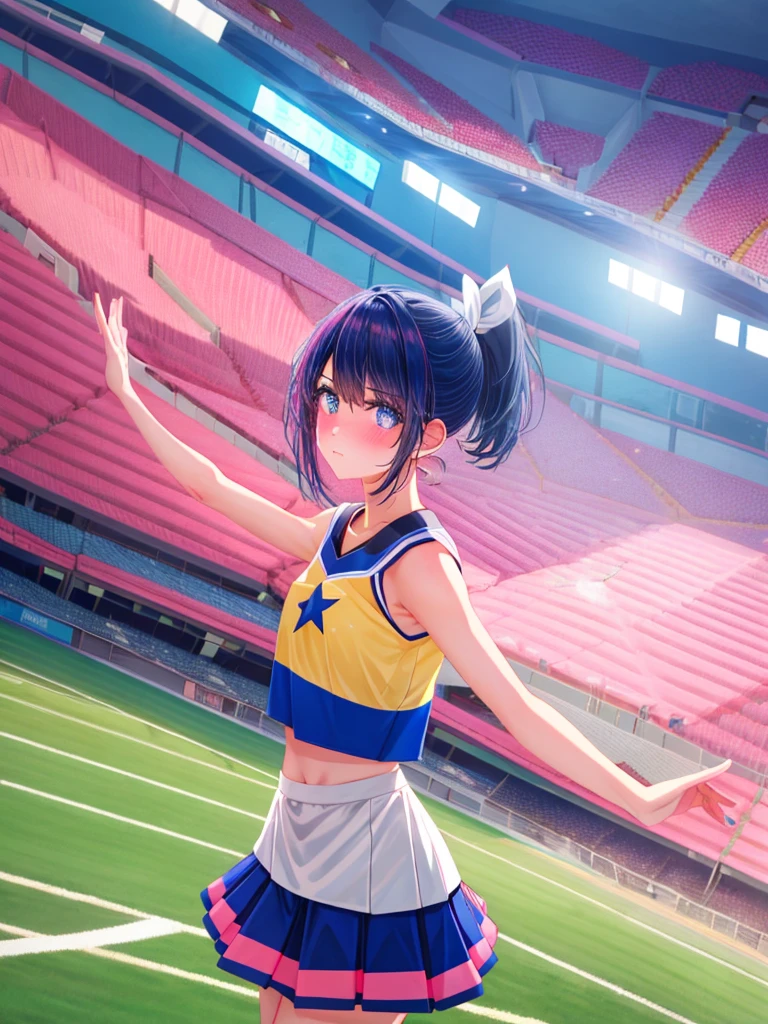 1 girl, alone, high quality, cheerleader, slender, big tits, shy-face, embarrassing, blush, ponytail, angle from below, sports ground, Sparkling_eye, Star-shaped pupils, +_+,